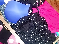 Allison's blue thong and blue bra and black bra