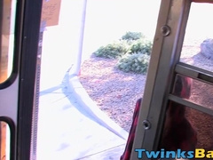 Tattooed twink Roxy Red rides hard bus drivers dick bareback