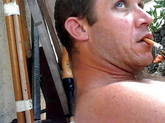 Self suck flying up and fully nude outside