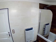 Shower of a skinny teen boy peeing washing his cock and his nipples