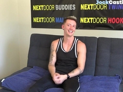 Tattoo casting jock masturbates on couch till cumshot