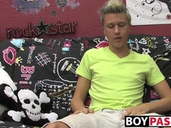 Blonde twink Chad shoves huge dildo in hot ass while wanking