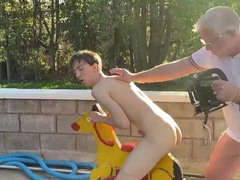 Grandpa and his friend fuck a twink in the backyard and film their whole play