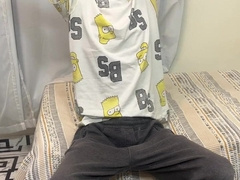 Thin youngster showign his monstrous trouser snake ans jerking it