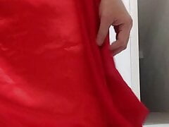 Red Satin Long Gown Pleasure and Cumming