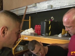 Naughty youngster blows 2 beefy accomplices before getting raunchy DOUBLE PENETRATION at work