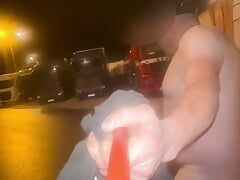 Walking naked on busy truck parking