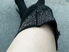 Crossdresser outdoor pissing in pantyhose and overknee heels