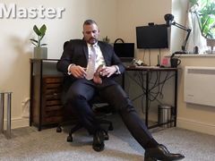Suited Boss Jerks Uncut Cock and Cums on Formal Shoes