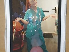 Cum on Heather in her new scrubs