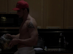 Baker Joey jerks in frustration after his spilling his dough