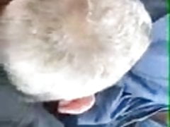 Old guy sucks and swallows young dude in car