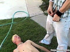 wild twink urinating and stroking off with his gay friends