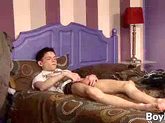 bony feminine stud works his ass with a dildo and drains off
