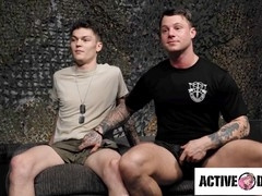 Abbie gets facialized by muscular soldier Jason Windsor while Tyler James watches