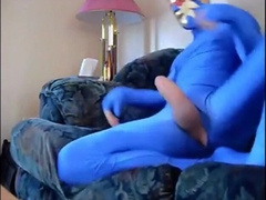 Masked Guy in Blue Zentai Suit Strokes Big Cock