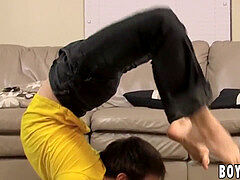 Flexible youngster milks off his ample cock really hard