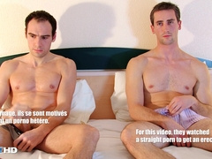 two hetero pals got wanked off side by side by a man in a flick.