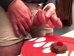 Lingerie, cumming on food, big shaved cock