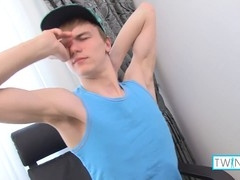 Slim blonde twink Liam P pleasures himself and finishes with a big load