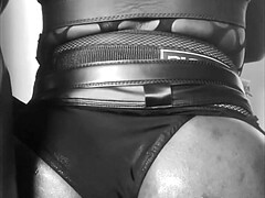 Crossdresser black bodybuilder toys ass in sexy bodystocking