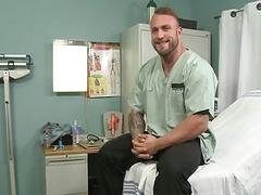 Burly nurse takes a break from work for masturbation