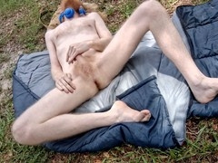 Unshaved nude ginger camper Skycladstargazer shows off his morning wood in the grass