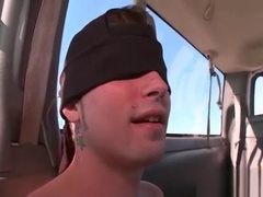 Naked stud gets himself blindfolded for a gay BJ in the bus