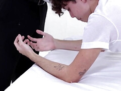 Slender teen lads getting frisky in the white room