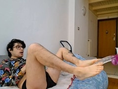Big dick daddy dominates gay feet with huge dildo in foot fetish frenzy