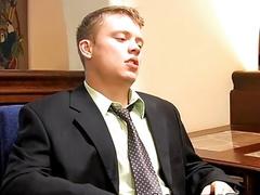 Twink gives business jock a blowjob before being dicked down