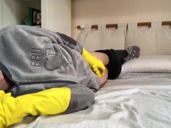 Getting Off in leather trousers and mittens