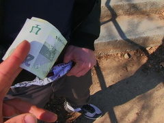 Insolent lad receives good cash if he sucks the cock until the last drops