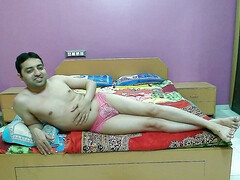 Sexy sissy crossdresser femboy Sweet Lollipop in a cute pink lace pantie only.