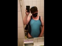 Chubby Femboy in Swimsuit Masturbating at the Shower