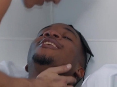 Blindfolded black gay tricked by boyfriend to fuck white guy