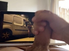 Horny guy jerks off his thick dick, moans loud