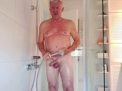 Bathing men, mature grandpa, bathroom shower bath