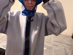 Thrilling vacbag session with Strapskinks in blue PVC coveralls