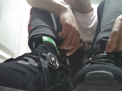 Showing My Blue Sneakers Green Socks And Bare Feet Until I Have A Cumshot
