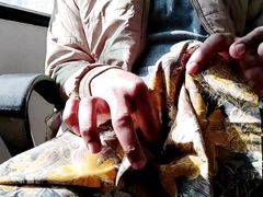 Satin handjob - dick head rub and cum on satin silky yellow suit of sister (78)