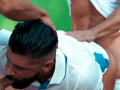 Tennis players have a threesome after their practice