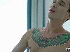 Self fuckin' by tatted twunk with big flexible cock