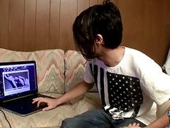 Hairy twink watches porn before stripping and stroking his shaft