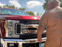 Hairy muscle daddy peels sweaty underwear off over his bull balls in the shower