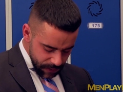Elegant businessman anal drilled in locker room after rimjob