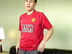 Handsome young Brit masturbates and cums after an interview