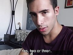 Straight jock quickly turns gay with three big dicks around