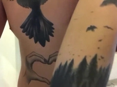 horny young guy with lot tattoos take a piss then jerk his monsterdick