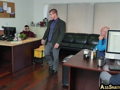Domineering fag manager ravages hairyass bottom in office threesome